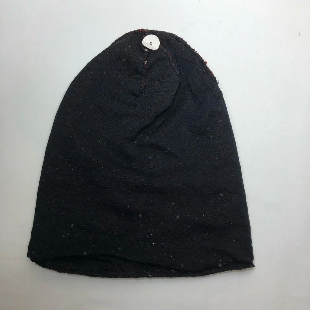 David & Young Knit Long Burgundy Black Ivory Tiny Pompons Stretchy Beanie Hat OS